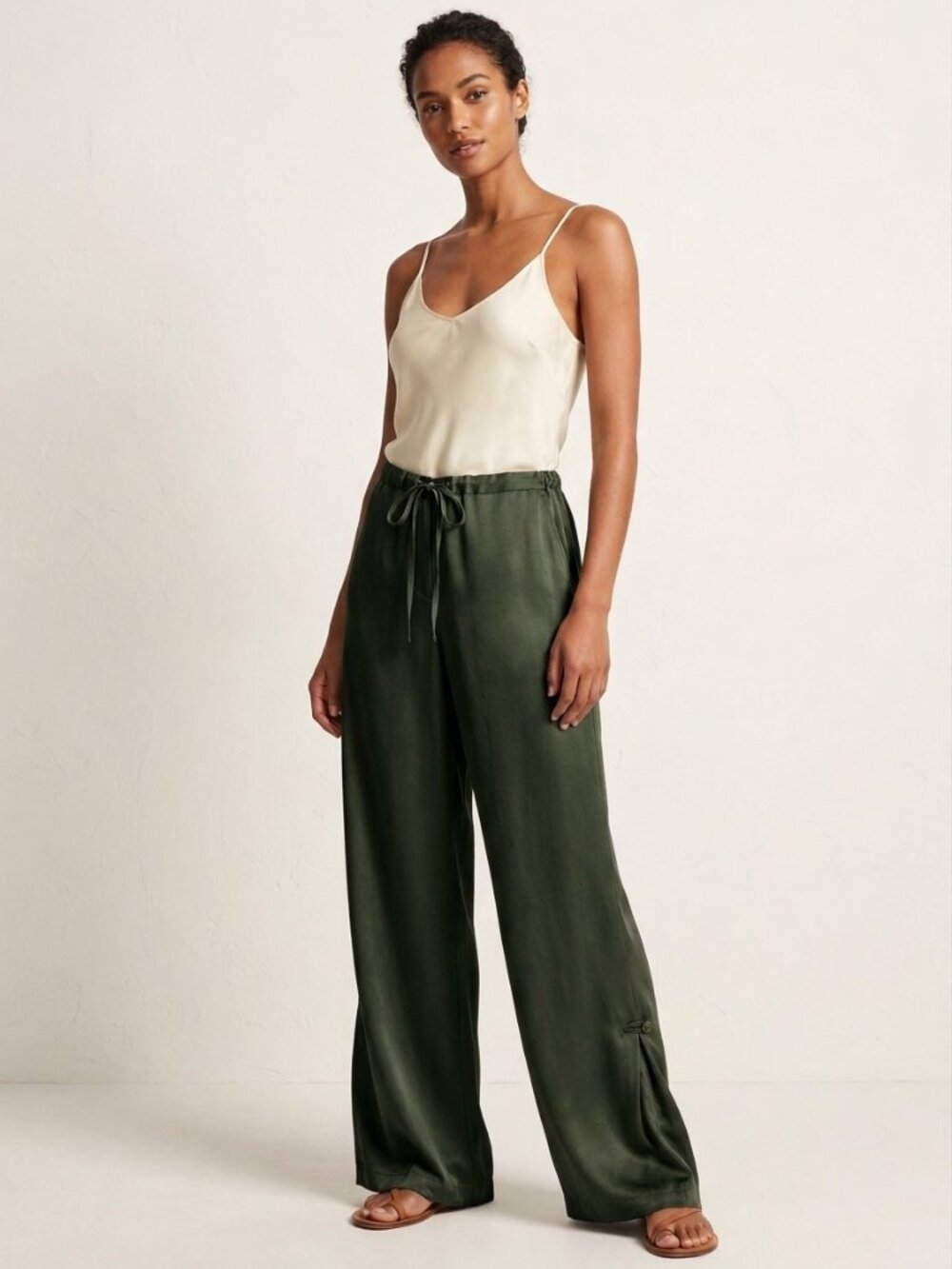 Dana Buchman 100% Silk Wide-Leg Pants Drawstring Roll Up Moss Green Size L-XL